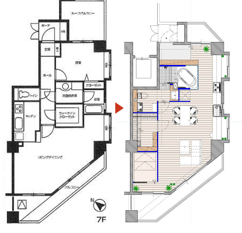 バスタブを部屋の中央に配したリノベーション事例　間取り図