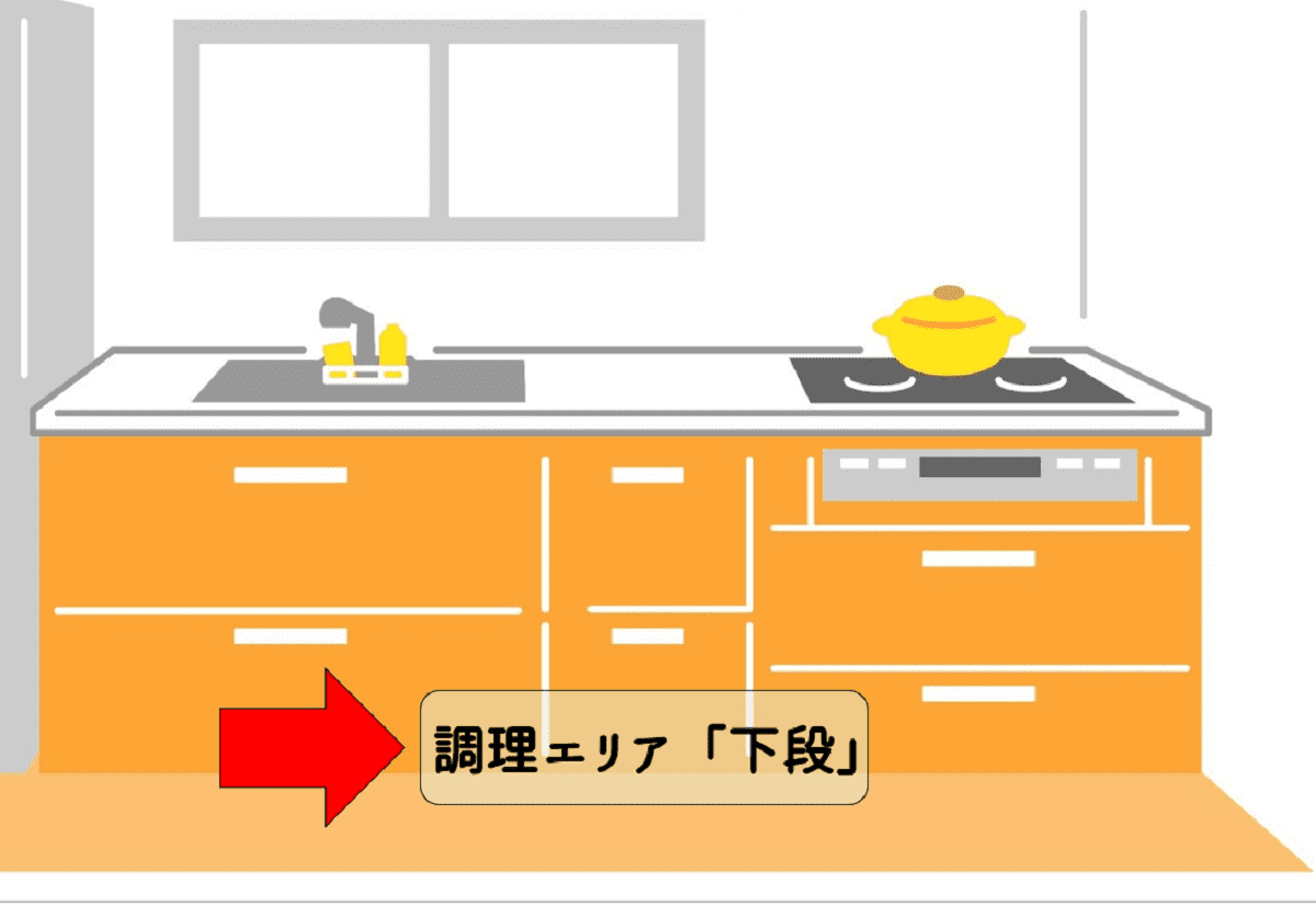 システムキッチンの収納実例（9）調理エリア下「下段（浅型引き出し）」